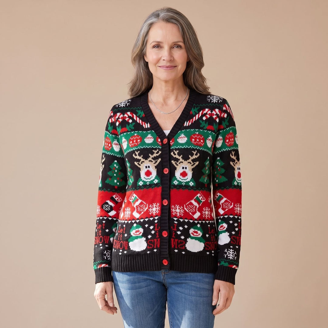Dames Kersttrui Gebreide Cardigan met Rendier Sneeuwpop Print