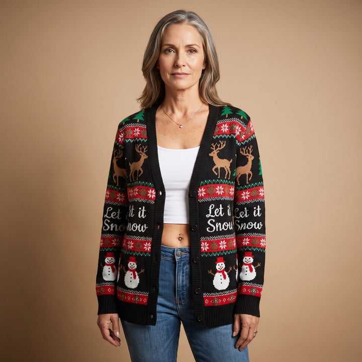Dames Kersttrui Gebreide Cardigan met Rendier Sneeuwpop Print