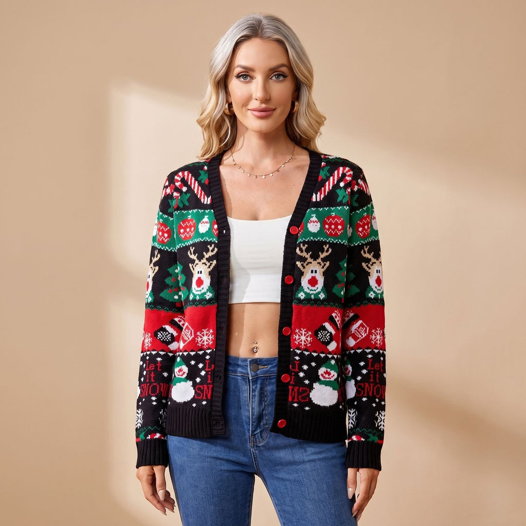 Dames Kersttrui Gebreide Cardigan met Rendier Sneeuwpop Print