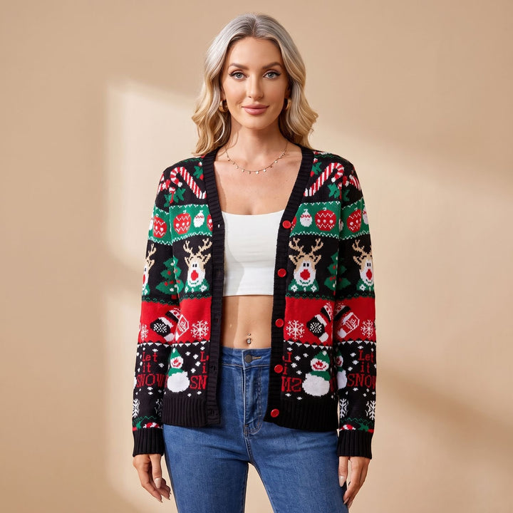 Dames Kersttrui Gebreide Cardigan met Rendier Sneeuwpop Print