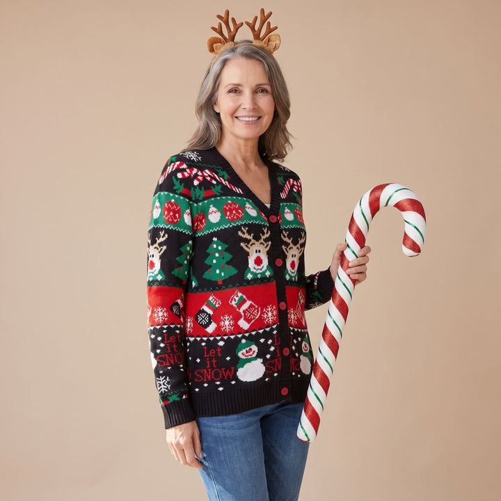 Dames Kersttrui Gebreide Cardigan met Rendier Sneeuwpop Print
