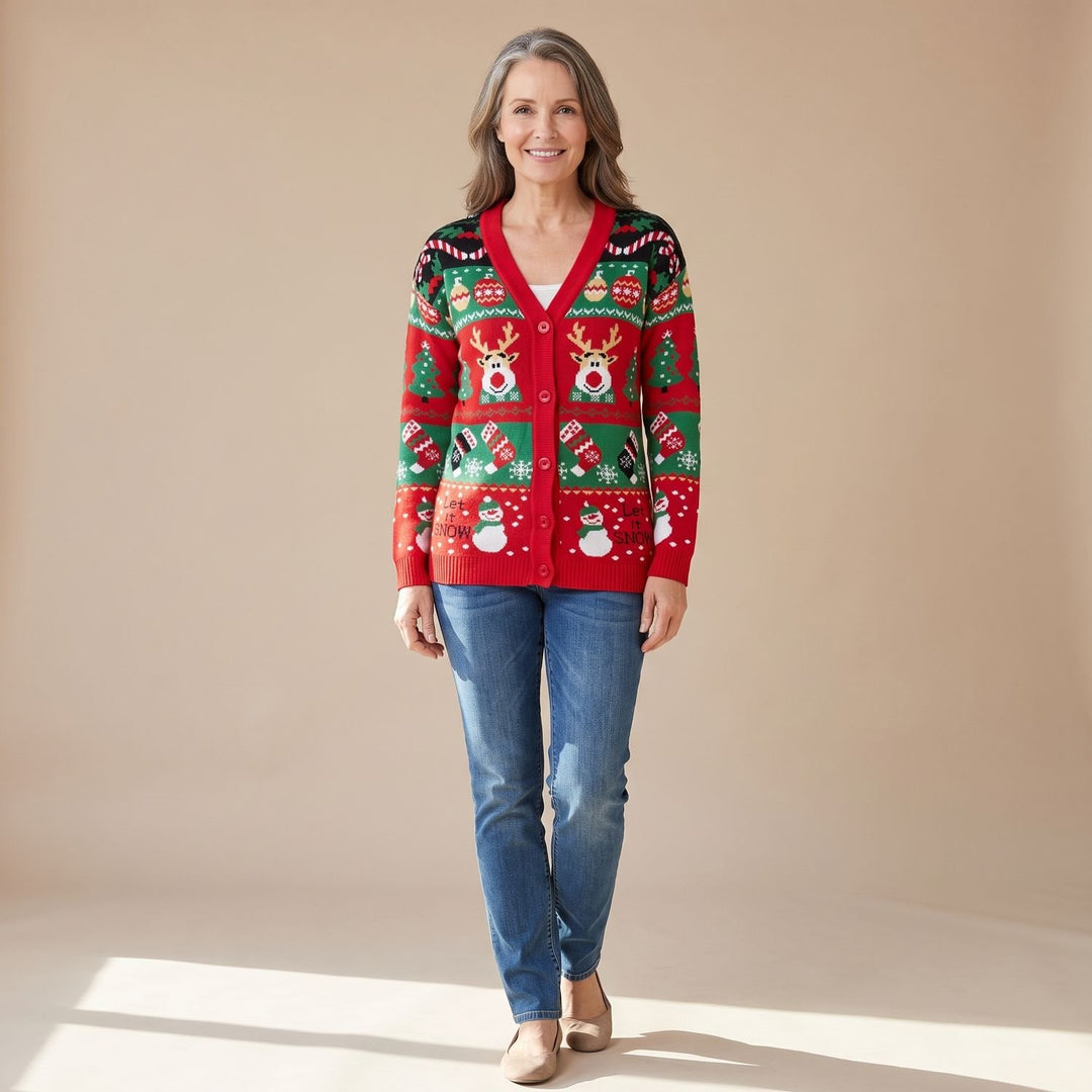 Dames Kersttrui Gebreide Cardigan met Rendier Sneeuwpop Print - Rood