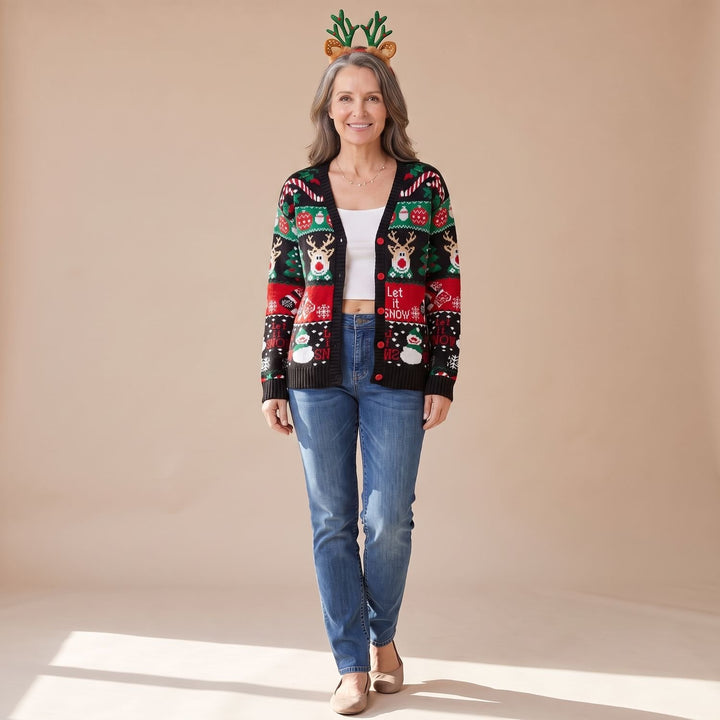 Dames Kersttrui Gebreide Cardigan met Rendier Sneeuwpop Print - Zwart