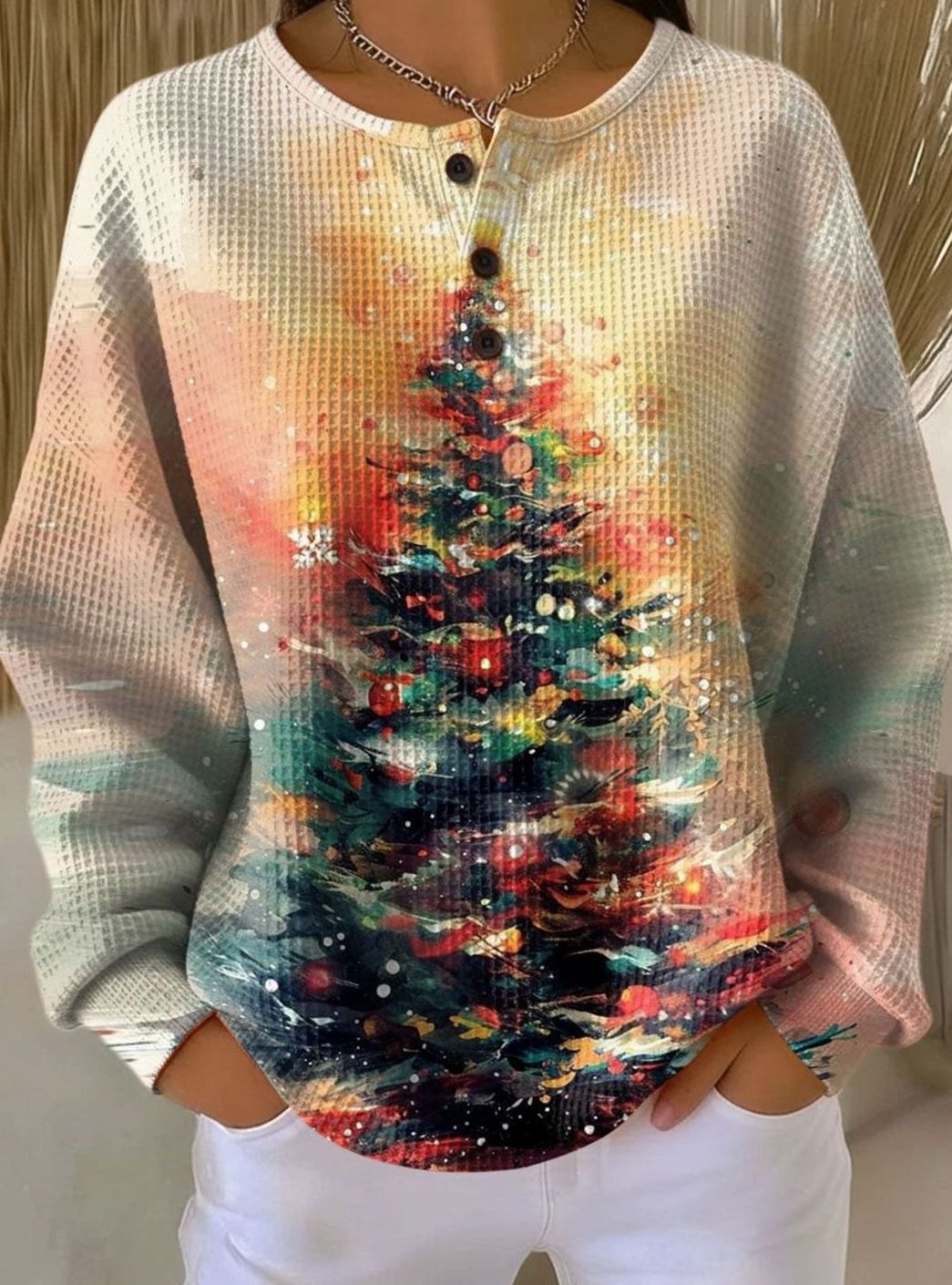 Dames Kersttrui Waffle-Knit Relaxed-Fit met Kerstboomprint - Art