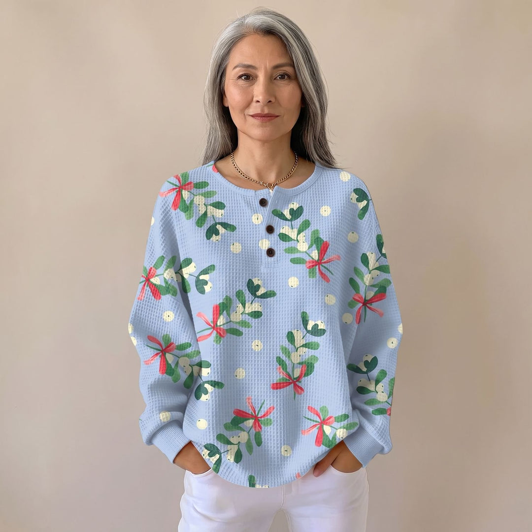 Dames Kersttrui Waffle-Knit Relaxed-Fit Mistletoe Print Sweatshirt