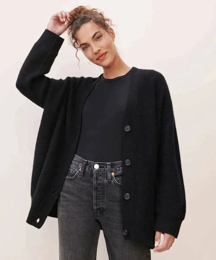 Dames Klassieke Cashmere Gebreide V-hals Cardigan - Zwart