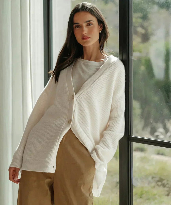 Dames Klassieke Cashmere Gebreide V-hals Cardigan - Wit