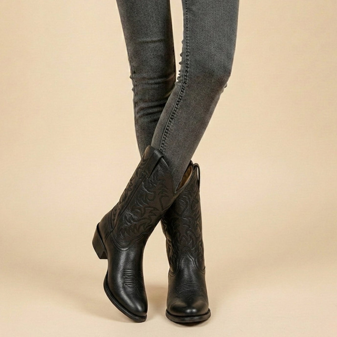 Dames Klassieke Geborduurde Cowboylaarzen met Blokhak - Zwart