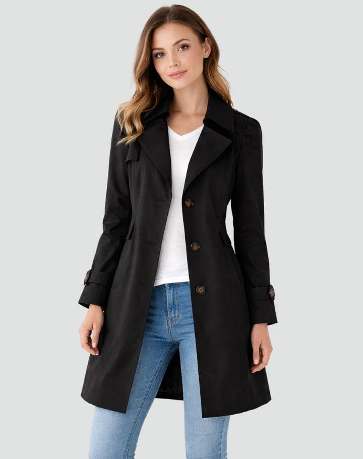 Dames Klassieke Getailleerde Midi Trench Coat Revers - Zwart