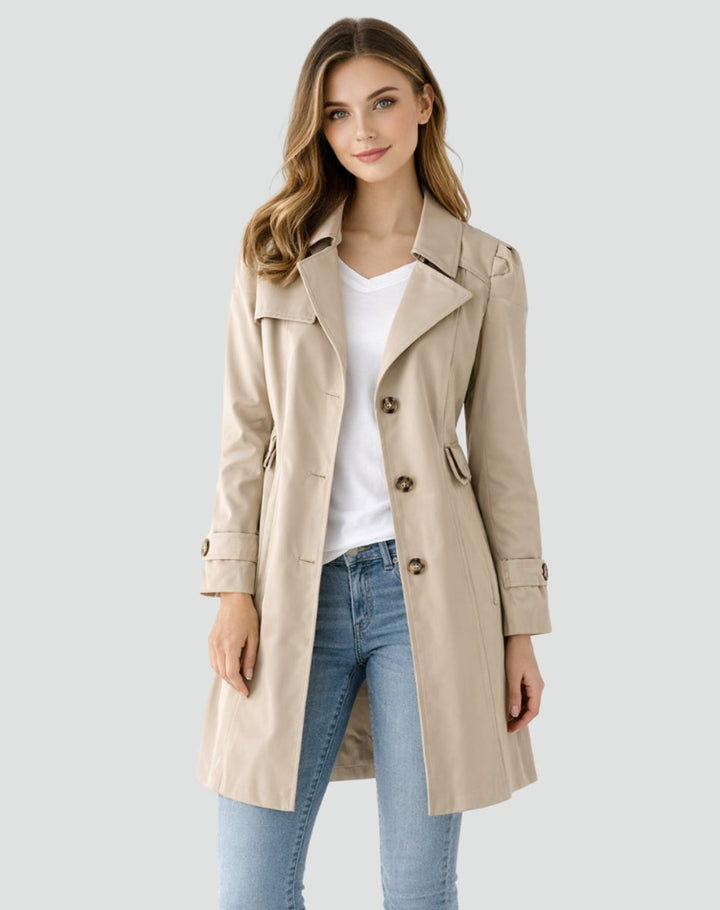 Dames Klassieke Getailleerde Midi Trench Coat Revers - Khaki