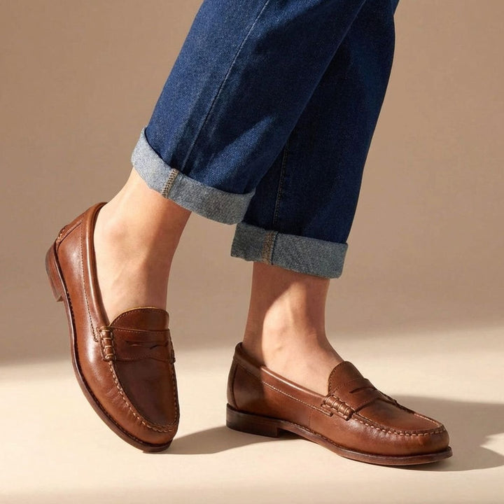 Dames Klassieke Leren Penny Loafers met Mocassin Stiksels - Bruin