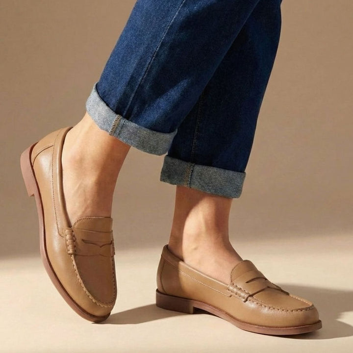 Dames Klassieke Leren Penny Loafers met Mocassin Stiksels - Khaki