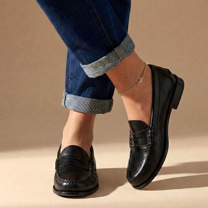 Dames Klassieke Leren Penny Loafers met Mocassin Stiksels - Zwart