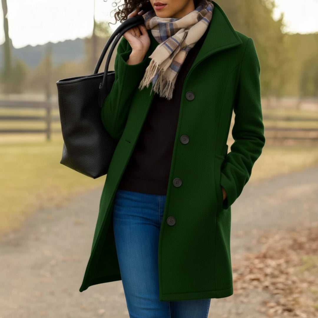 Dames Klassieke Midi Knoop Women Coat Elegante Overgangsjas - Donkergroen