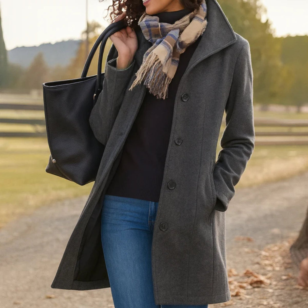 Dames Klassieke Midi Knoop Women Coat Elegante Overgangsjas - Grijs