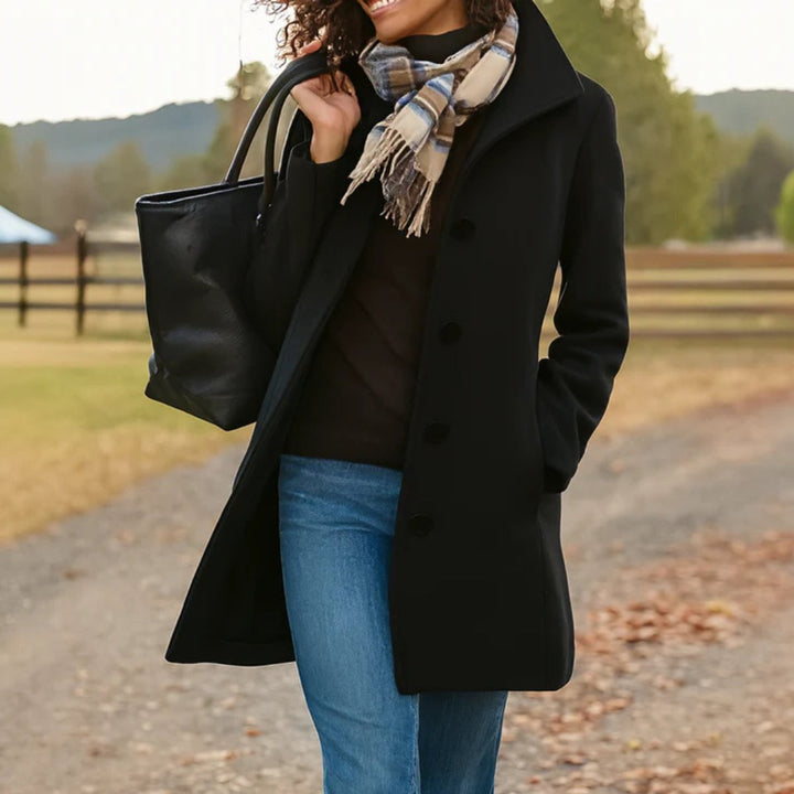 Dames Klassieke Midi Knoop Women Coat Elegante Overgangsjas - Zwart