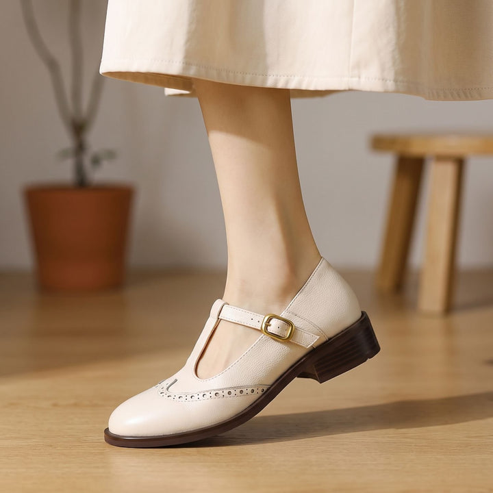 Dames Klassieke T-Bar Mary Jane Schoenen met Gesp Lage Hak - Beige