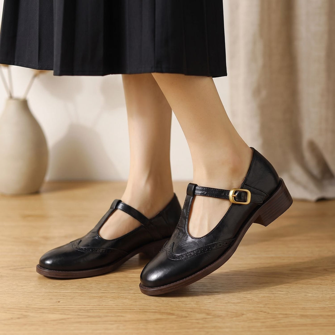 Dames Klassieke T-Bar Mary Jane Schoenen met Gesp Lage Hak - Zwart