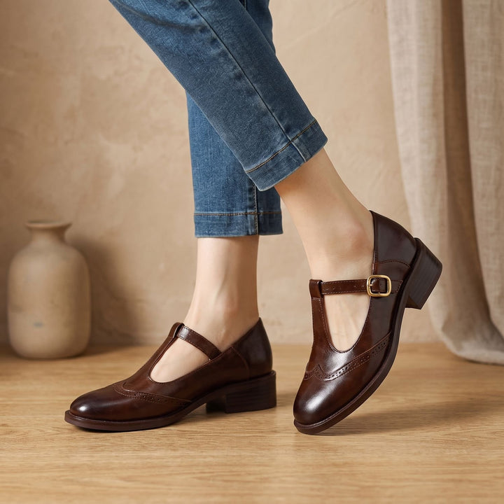 Dames Klassieke T-Bar Mary Jane Schoenen met Gesp Lage Hak - Bruin