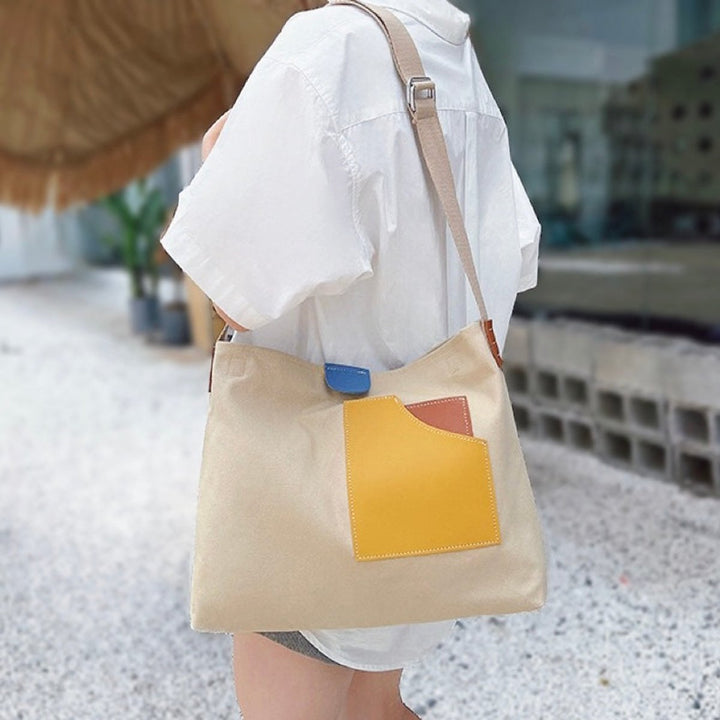 Dames Kleurblok Canvas Tote Bag PU-Leren Schoudertas - Beige