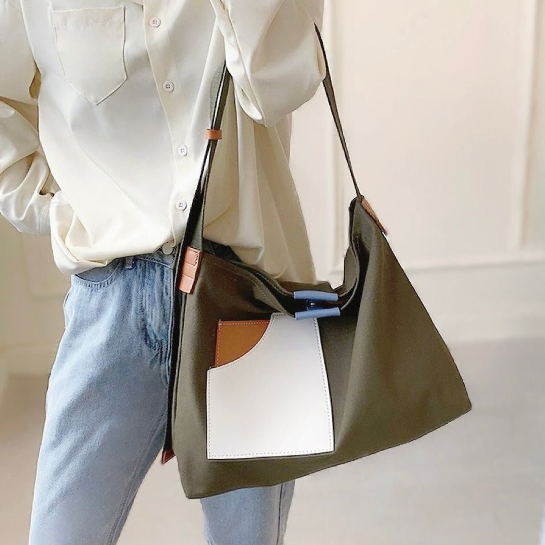 Dames Kleurblok Canvas Tote Bag PU-Leren Schoudertas - Grün