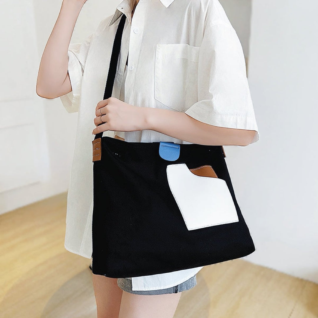 Dames Kleurblok Canvas Tote Bag PU-Leren Schoudertas - Schwarz