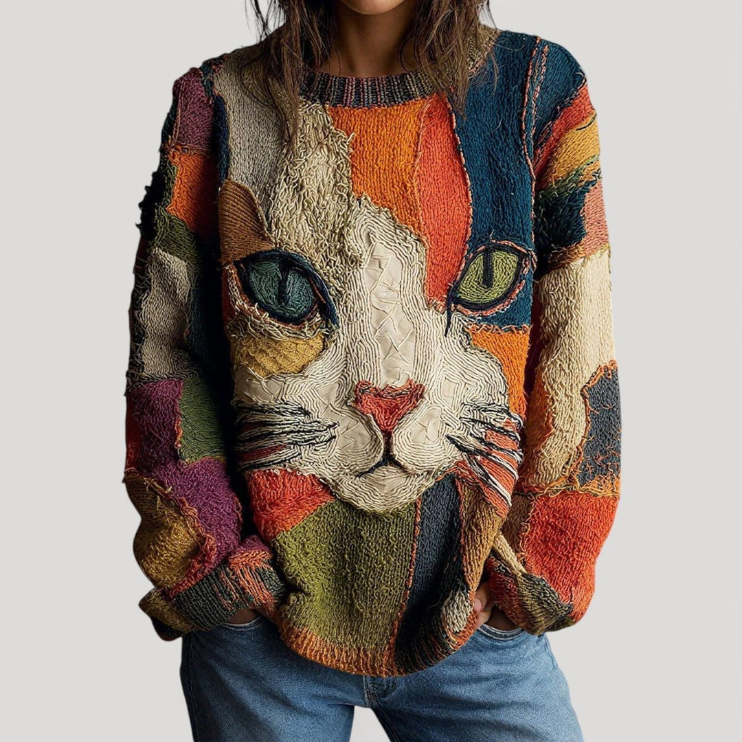 Dames Kleurblok Katten-Print Knit Sweater Ronde Hals - Veelkleurig