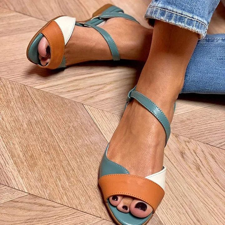 Dames Kleurblok Open-Neus Enkelband Platte Sandalen - Green