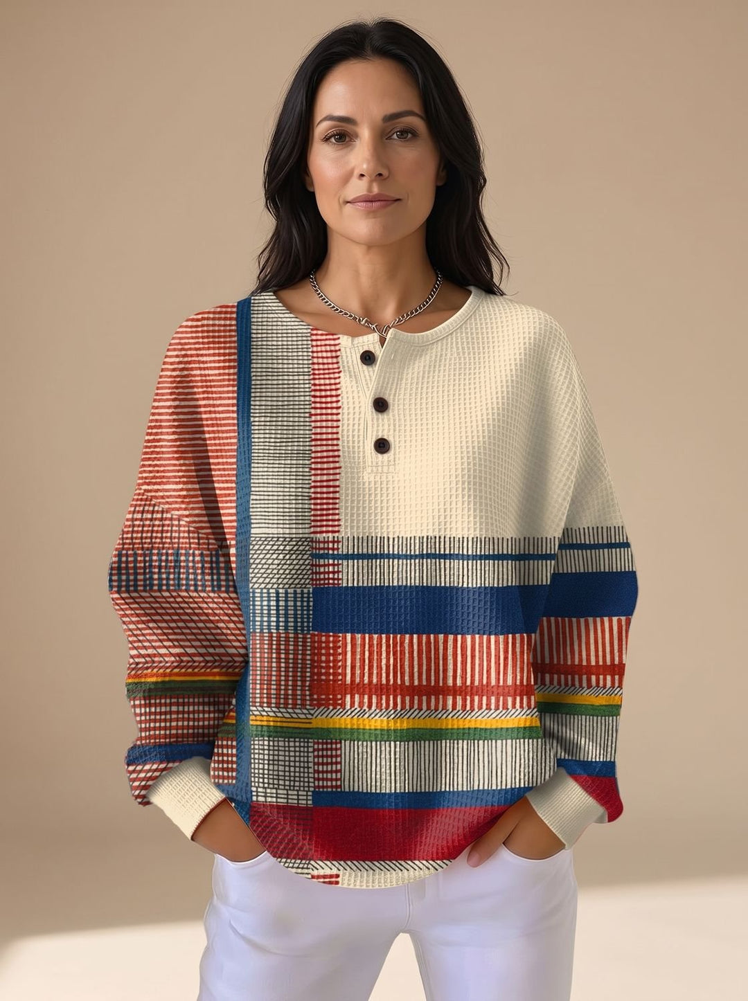 Dames Kleurblok Waffle-Knit Sweater met Knoop Halsopening