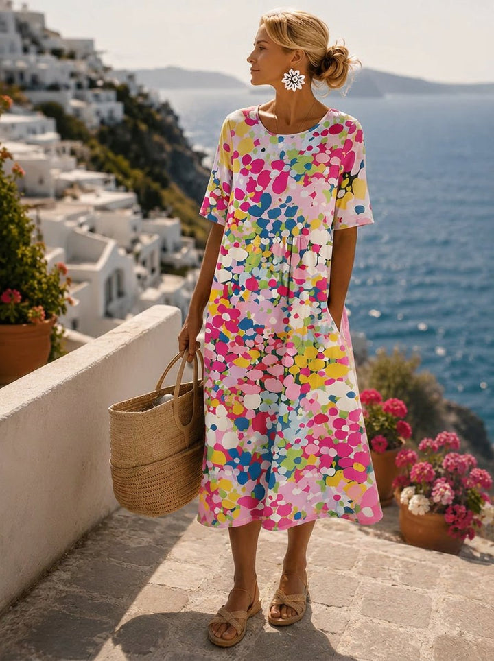 Dames Kleurrijke Bloemenprint Korte Mouw Midi Dress - Roze