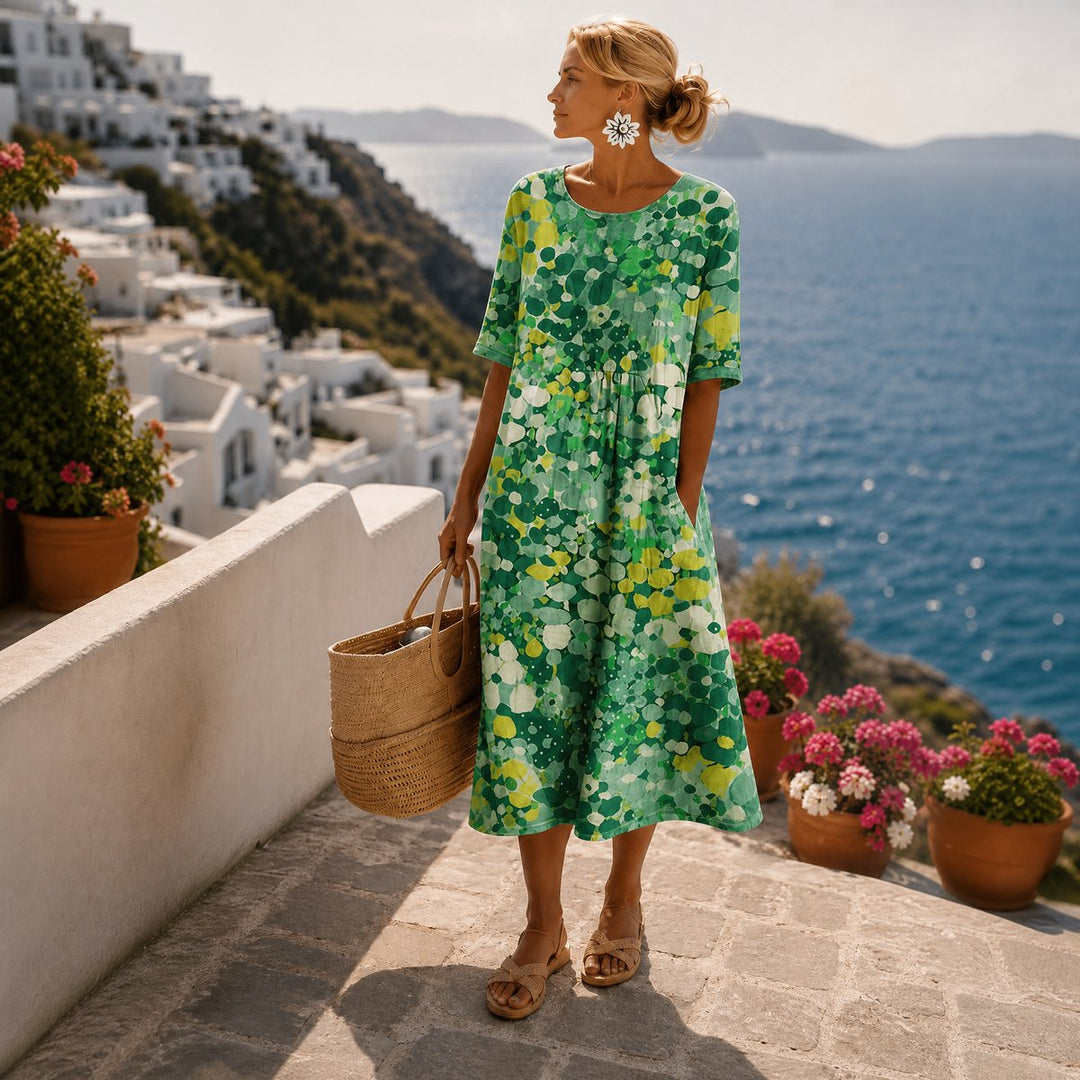 Dames Kleurrijke Bloemenprint Korte Mouw Midi Dress - Groen