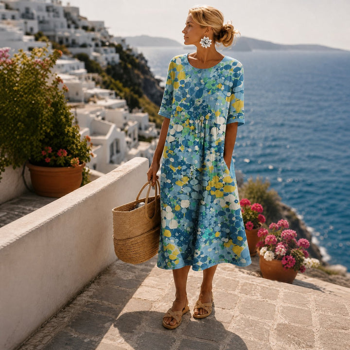 Dames Kleurrijke Bloemenprint Korte Mouw Midi Dress - Blauw