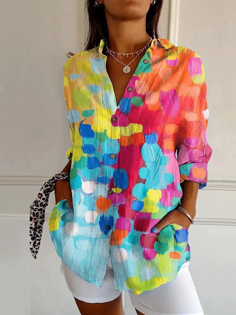 Dames Kleurrijke Geometrische Print Langarm Blouse - Veelkleurig 3