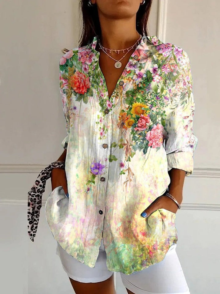 Dames Kleurrijke Geometrische Print Langarm Blouse - Wit