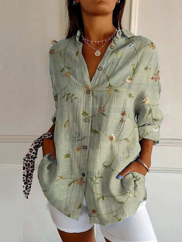 Dames Kleurrijke Geometrische Print Langarm Blouse - Groen Blad