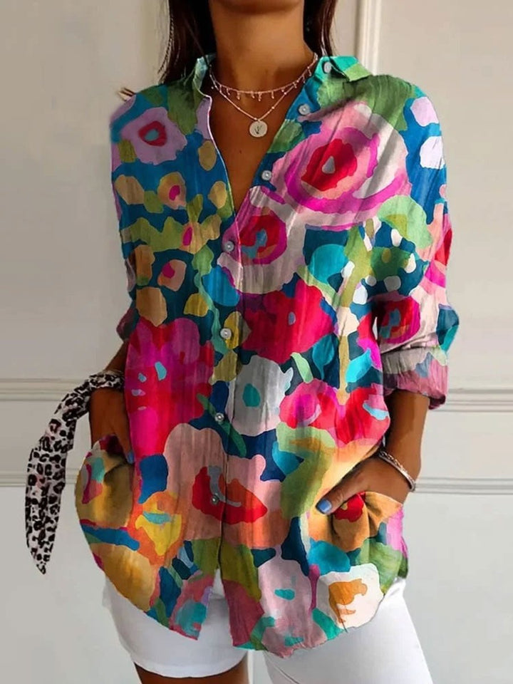 Dames Kleurrijke Geometrische Print Langarm Blouse - Veelkleurig 2