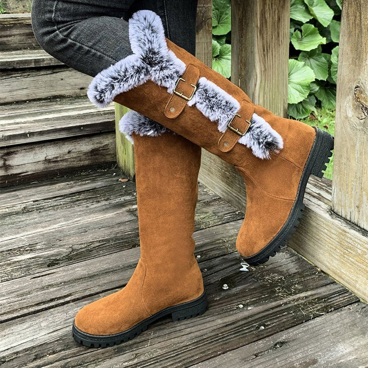 Dames Knee High Boots Gevoerde Snowboots Pluche Gesp - Lichtbruin