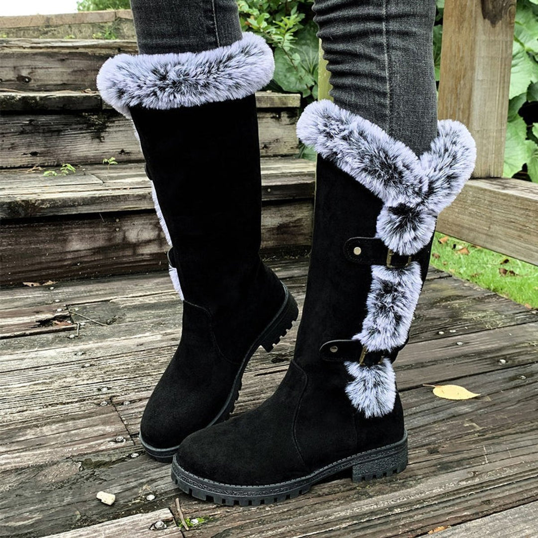 Dames Knee High Boots Gevoerde Snowboots Pluche Gesp - Zwart