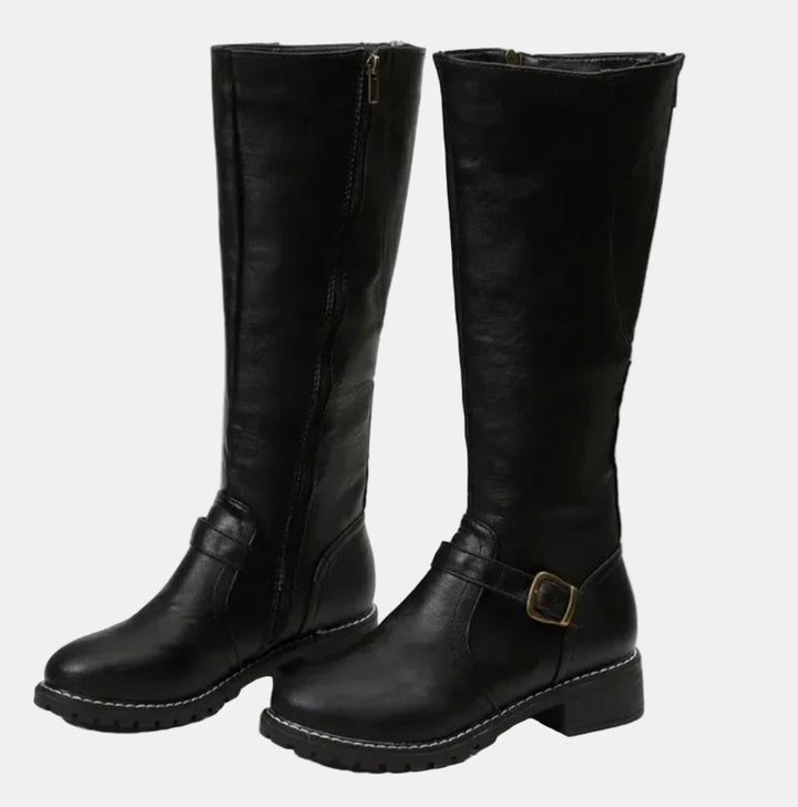 Dames Knee High Boots Rijlaarzen Gespsluiting Blokhak - Zwart