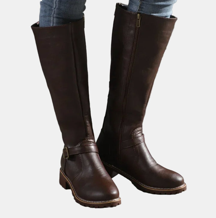 Dames Knee High Boots Rijlaarzen Gespsluiting Blokhak - Donkerbruin