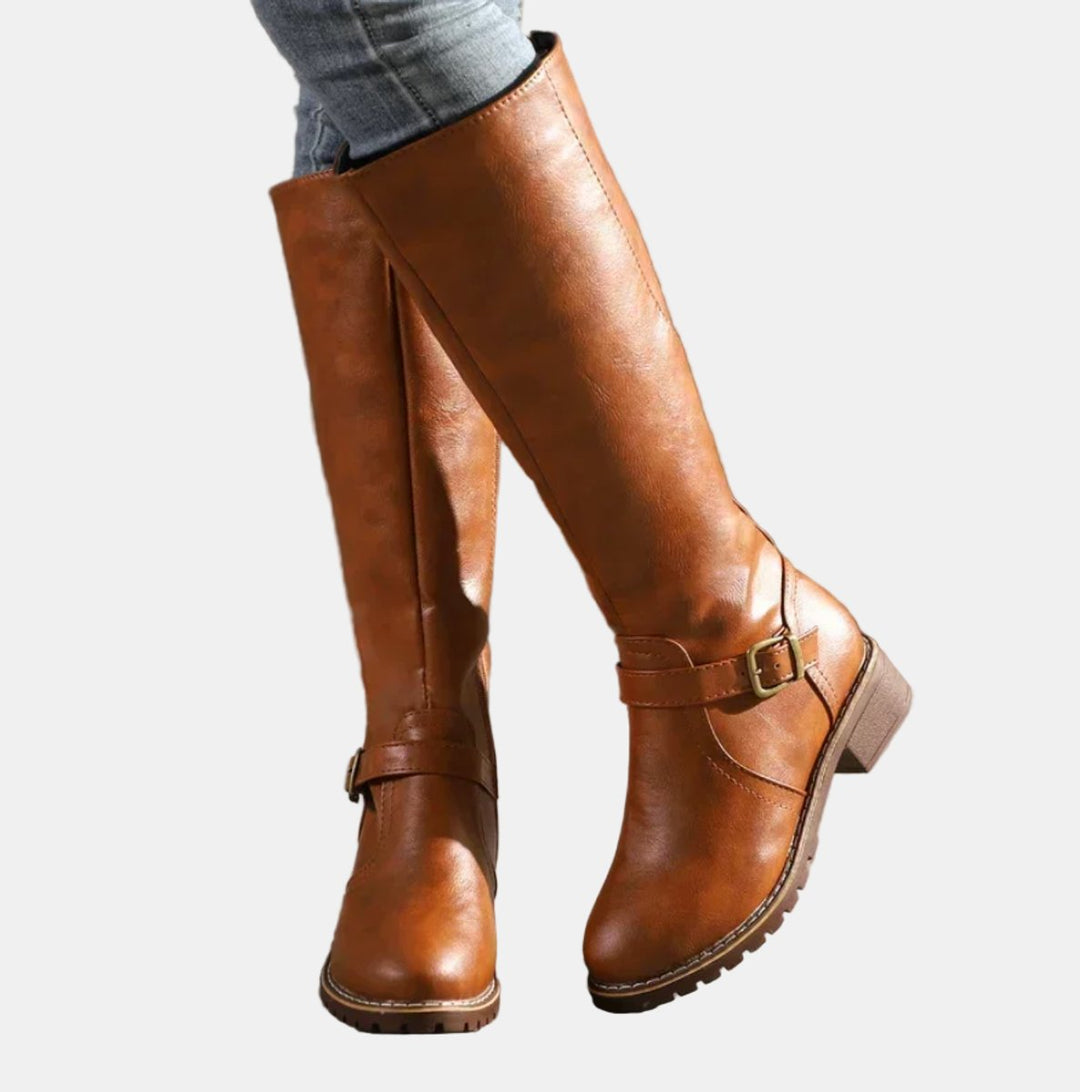Dames Knee High Boots Rijlaarzen Gespsluiting Blokhak - Bruin