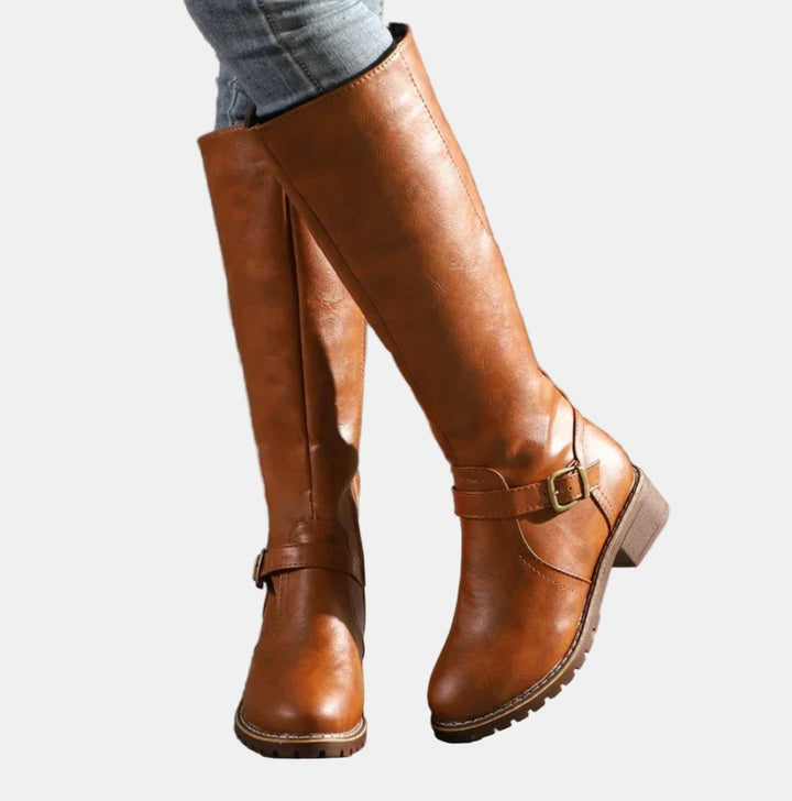 Dames Knee High Boots Rijlaarzen Gespsluiting Blokhak - Bruin