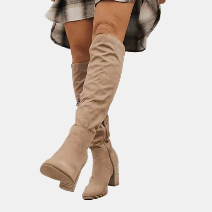 Dames Kniehoge Blokhak Ankle Boots Suède Look - Beige