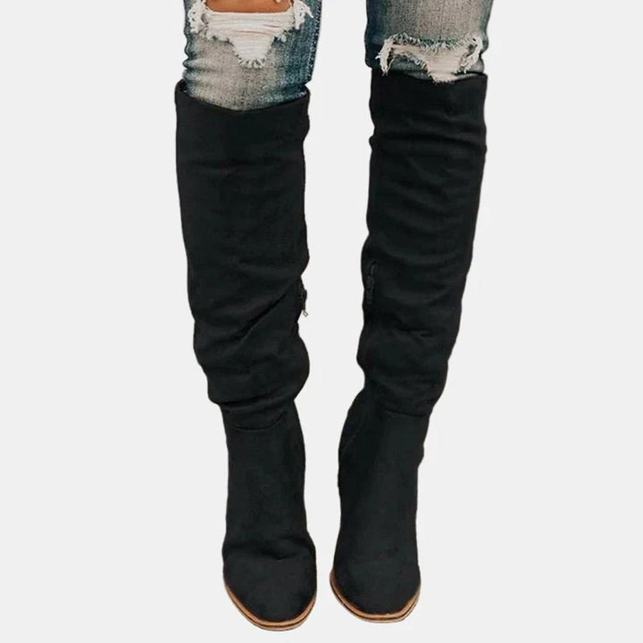 Dames Kniehoge Blokhak Ankle Boots Suède Look - Zwart