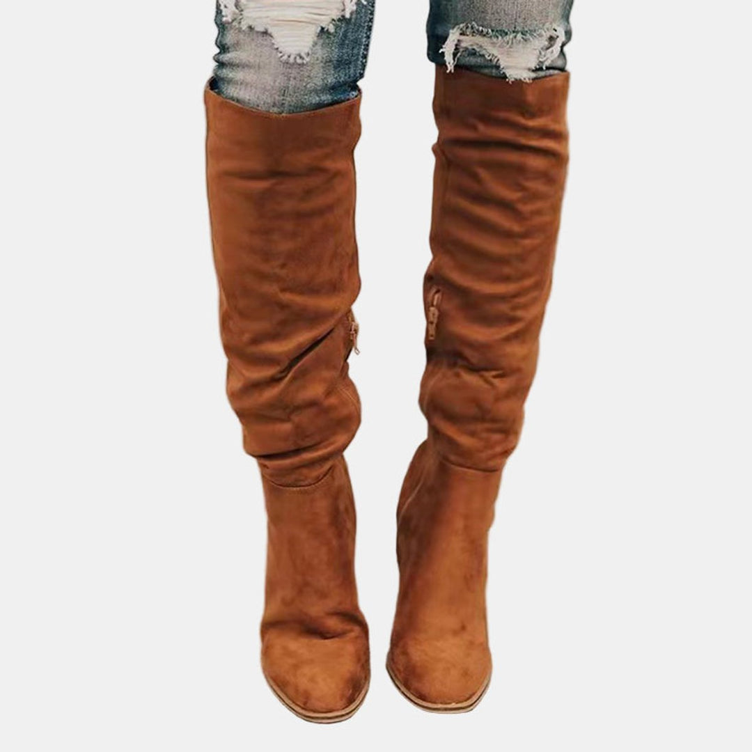 Dames Kniehoge Blokhak Ankle Boots Suède Look - Bruin