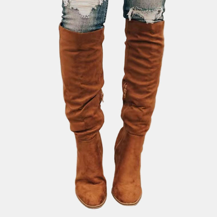 Dames Kniehoge Blokhak Ankle Boots Suède Look - Bruin