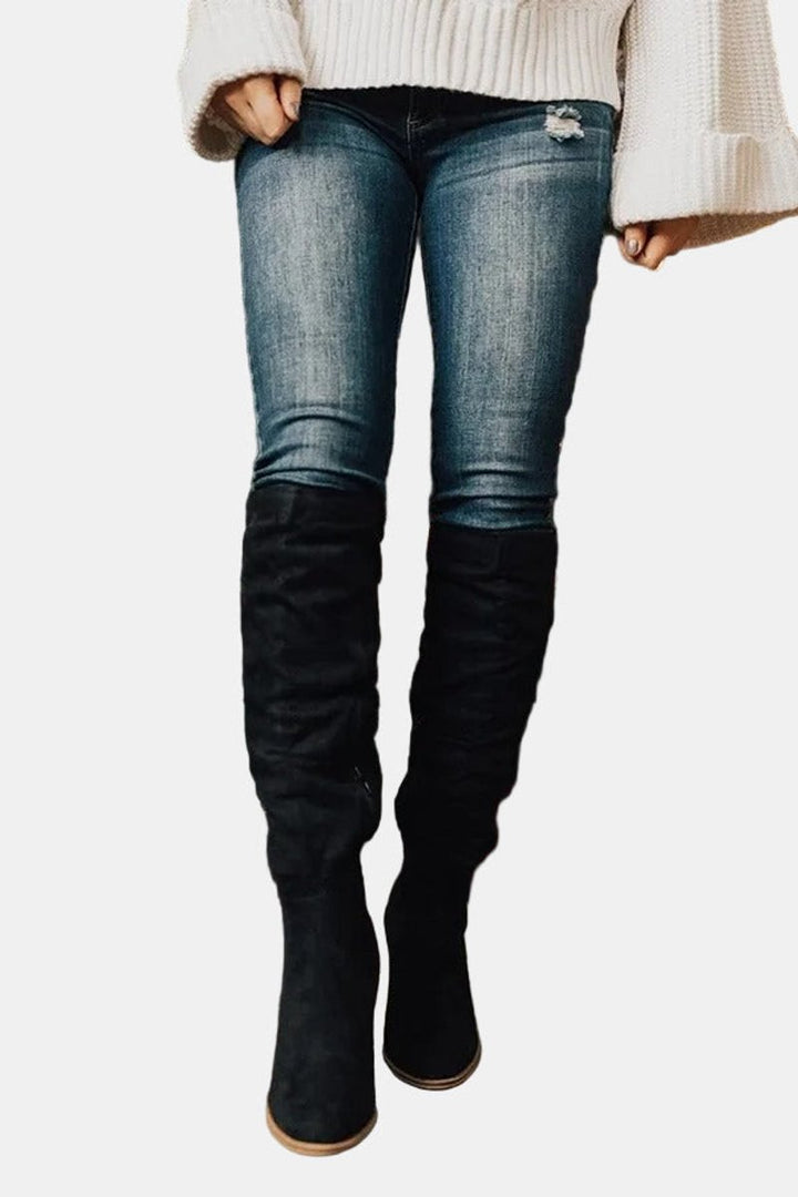 Dames Kniehoge Blokhak Ankle Boots Suède Look
