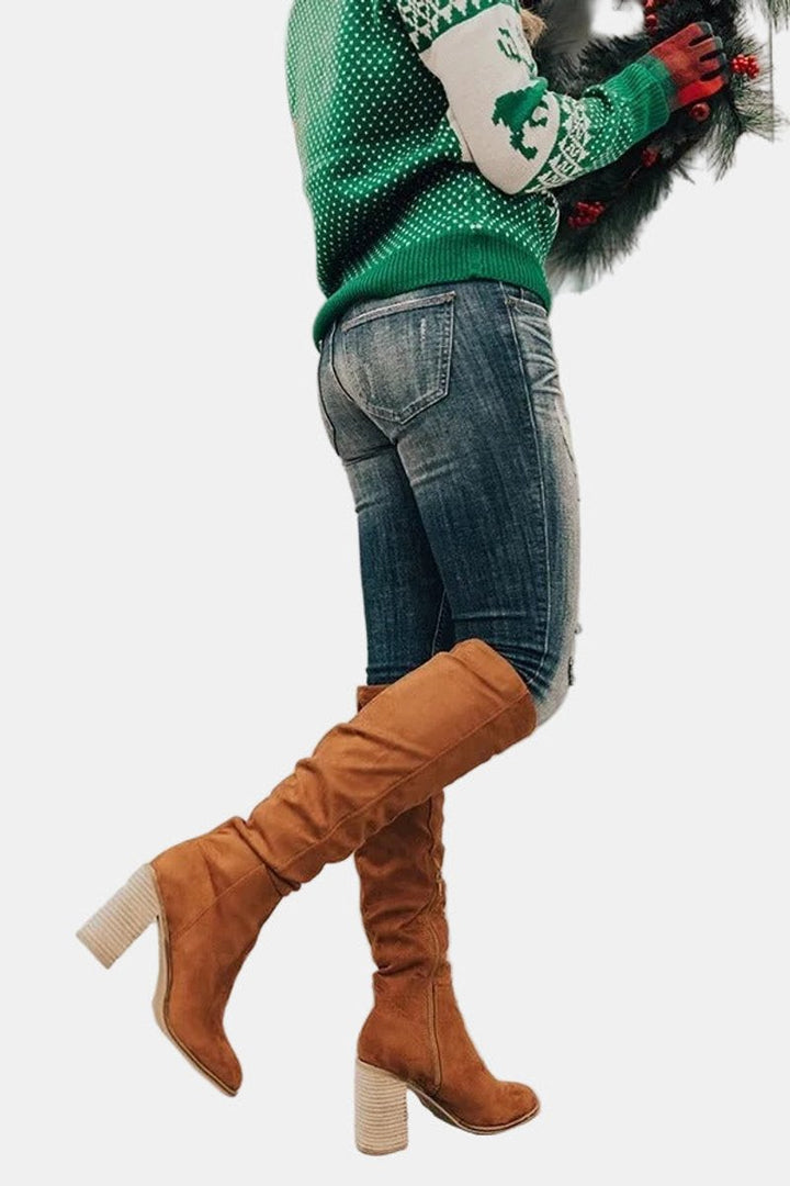 Dames Kniehoge Blokhak Ankle Boots Suède Look