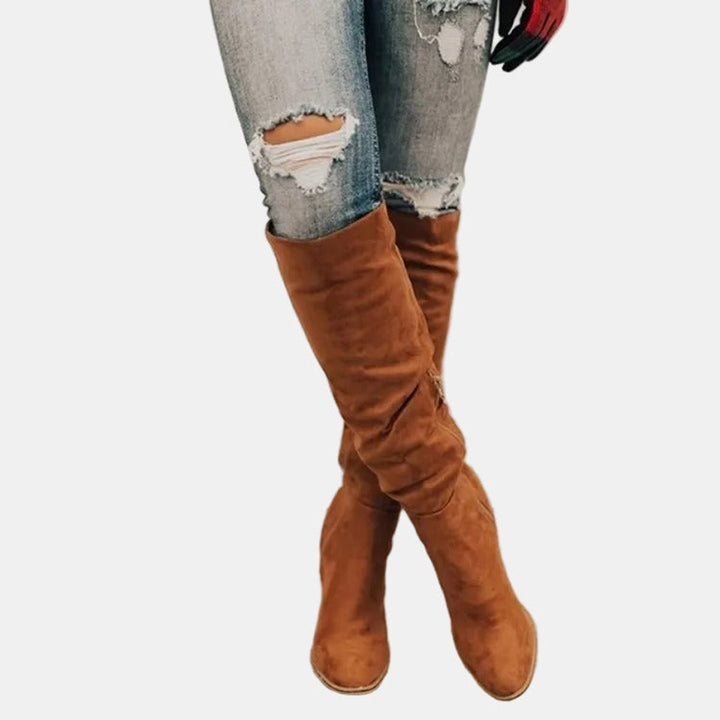 Dames Kniehoge Blokhak Ankle Boots Suède Look
