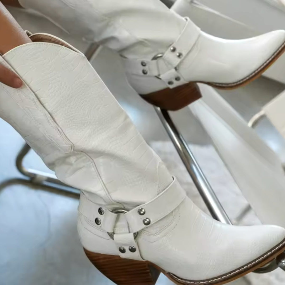Dames Kniehoge Cowboylaarzen Koeienprintlaarzen Blokhak Puntneus - Wit
